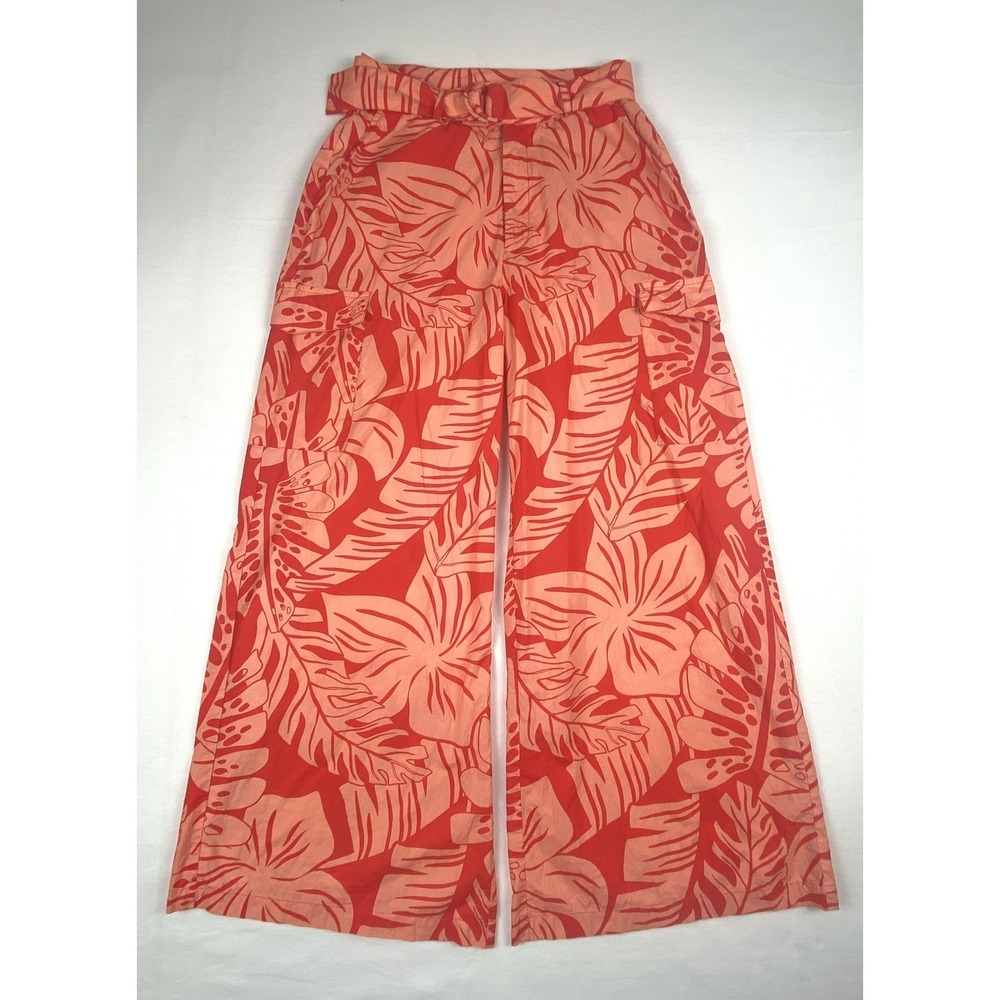 Shore Tropical Floral Wide Leg Cargo Pants Coral Red Cotton Women's Medium